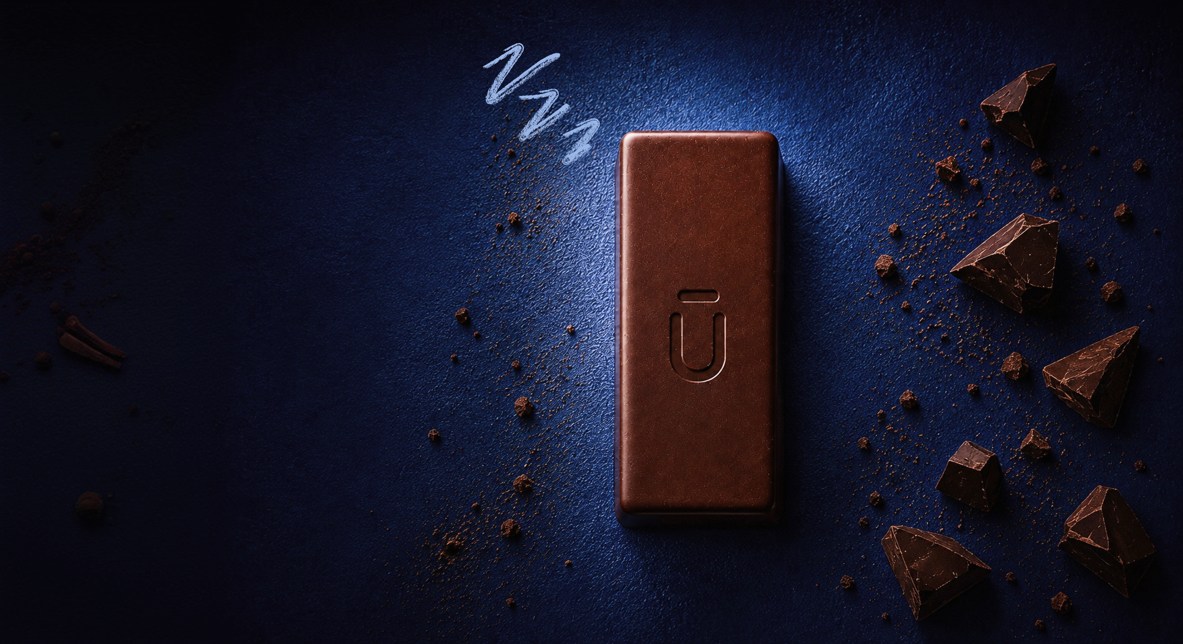 A Cūed dark chocolate bite on a deep blue surface with chocolate pieces and hand-drawn sleep marks